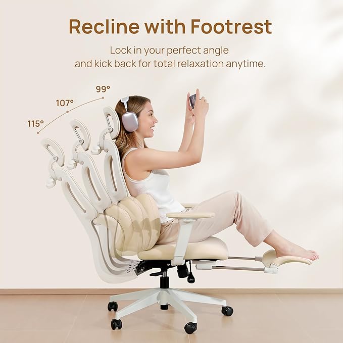 CabLady S1 Petite Ergonomic Office Chair Design with Detachable Pillow Lumbar Cushion, Coat Hanger, 2D Headrest & PU Armrests, Cloud Seat & Footrest Cute Desk Chair for Women Girls