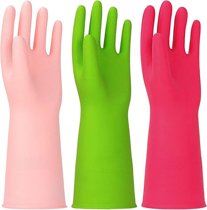 3 Pairs Rubber Cleaning Gloves Latex Free Dishwashing Gloves - 13" Reusable Nitrile Gloves Small, Green+Pink+Red
