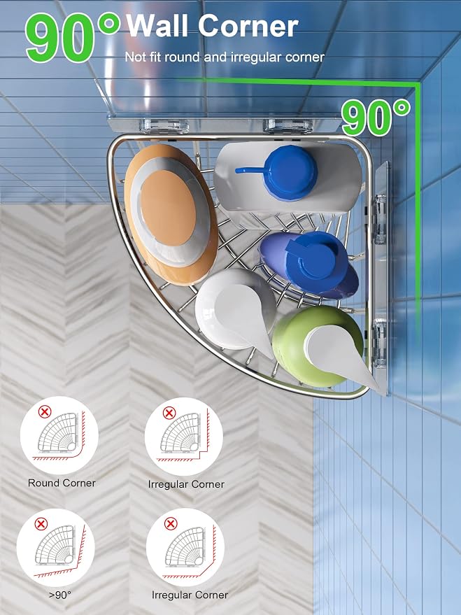 SMARTAKE 2-Pack Corner Shower Caddy Deep Basket Design, SUS304 Stainless Steel, Wall Mounted Bathroom Shelf with Adhesive, Storage Organizer for Toilet, Dorm and Kitchen (Silver)