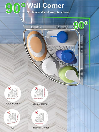 SMARTAKE 2-Pack Corner Shower Caddy Deep Basket Design, SUS304 Stainless Steel, Wall Mounted Bathroom Shelf with Adhesive, Storage Organizer for Toilet, Dorm and Kitchen (Silver)