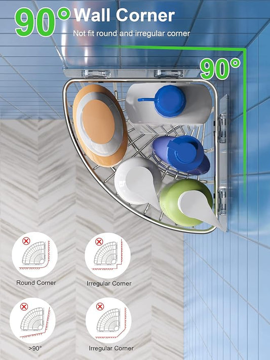 SMARTAKE 2-Pack Corner Shower Caddy Deep Basket Design, SUS304 Stainless Steel, Wall Mounted Bathroom Shelf with Adhesive, Storage Organizer for Toilet, Dorm and Kitchen (Silver)