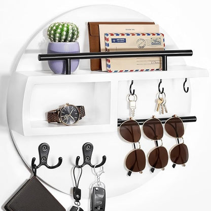 kuaima Key Holder Wall Mount, Round Wooden Key Rack with Shelf, Sunglasses Hanger, Storage Box, Multi Hooks, 12 Inch, White and Black