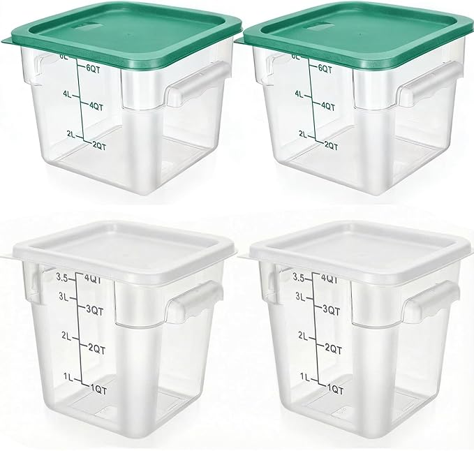 Lallisa 4 Pcs 8 Qt and 4 Qt Clear Food Storage Containers with Lids, Handles and Scales, Commercial Grade Square Containers Polycarbonate Air Tight for Home Storage Kitchen Restaurant(White, Green)