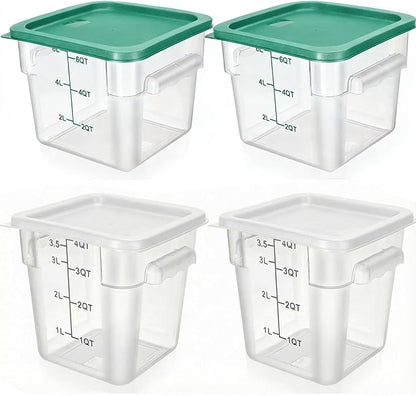 Lallisa 4 Pcs 8 Qt and 4 Qt Clear Food Storage Containers with Lids, Handles and Scales, Commercial Grade Square Containers Polycarbonate Air Tight for Home Storage Kitchen Restaurant(White, Green)