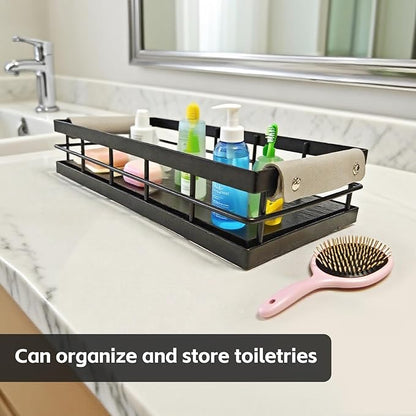 Toilet Paper Storage Basket, 13 Inch Wood and Iron Toilet Tank Basket with Grip for Bathroom Tank Topper, Fragrance Cosmetics toiletries Bath Bottles Counter Decoration Tray (Black)