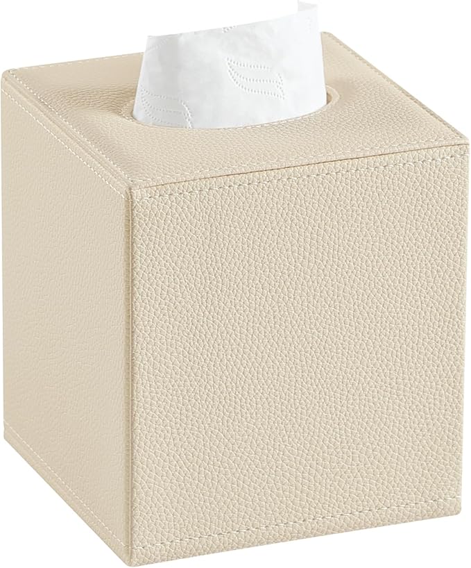 JLAMBOM PU Leather Tissue Box Cover Square Tissue Box Holder with Magnetic Closure, Decorative Tissue Holder for Bathroom Bedroom Office (Beige)