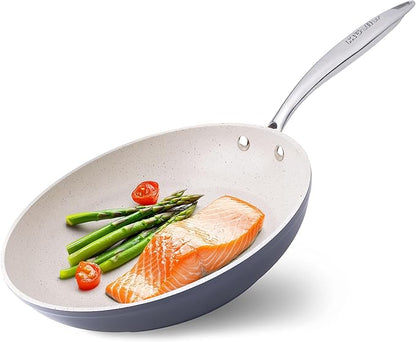 Mueller Frying Pan, Heavy Duty German Stone Coating Non Stick Frying Pans, No PFOA or APEO, Paella Pan, Dishwasher and Oven Safe, Even Heat Distribution, Cool Stainless Steel Handle, Light Grey