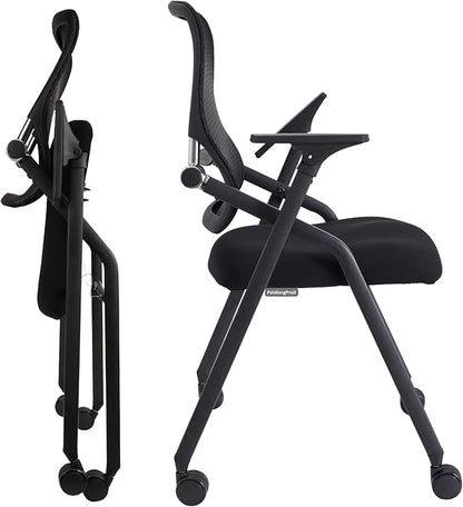 Updated Conference Room Chairs, Folding Office Desk Chair with Lumbar Support and Sliding Armrest with Casters, Stackable Office Guest Chairs & Reception Chairs, 1 Pack Black