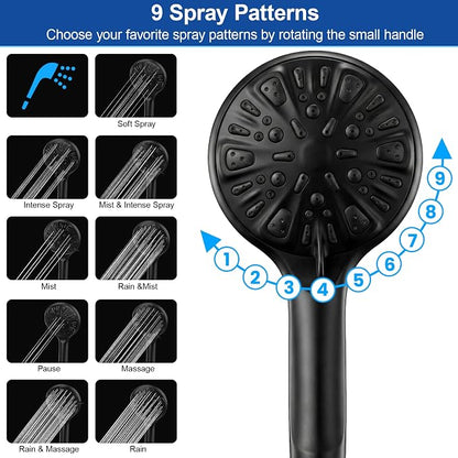 Shower Head 10‘’ High Pressure Rainfall Shower Head/Handheld Shower Combo with 11'' Extension Arm, 9 Settings Anti-leak Head with Holder, Height/Angle Adjustable, Chrome, Matte Black