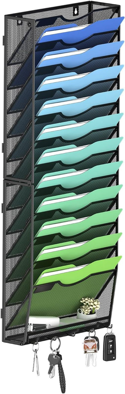Kuntine.B Wall File Organizer Office Hanging Magazine Holder Wall File Organizer for Office Home (Black, 13 Tier & Key Holders)
