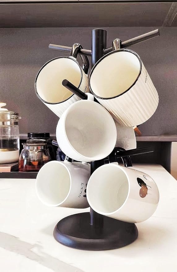 Black Coffee Mug Holder, Non-Slip Cup Tree With 6 Hooks for Counter, Rack (Black)