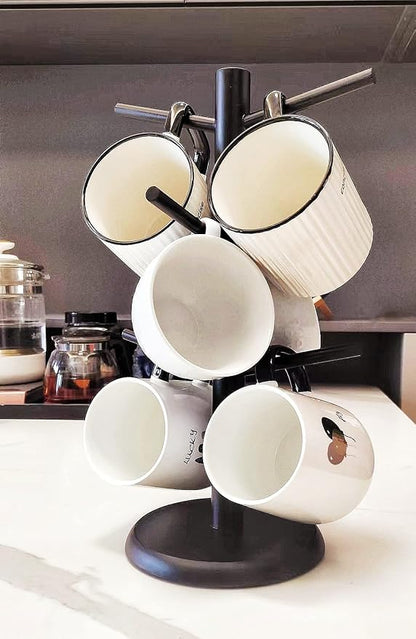 Black Coffee Mug Holder, Non-Slip Cup Tree With 6 Hooks for Counter, Rack (Black)