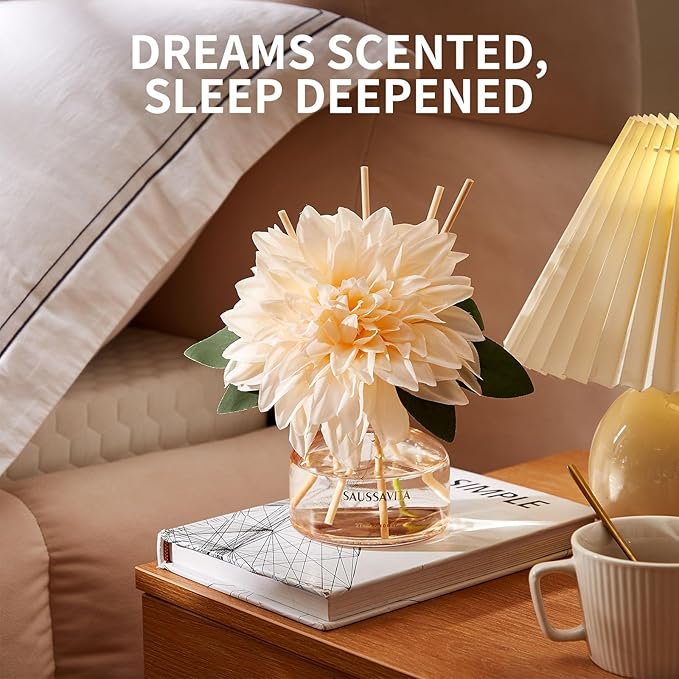 Saussavita Reed Diffuser Set for Home, 7.1 fl oz / 210 ml - Tangerine Scent Diffuser with Sticks Home Fragrance Flower Reed Diffuser with Plastic Flowers for Bathroom Shelf Décor