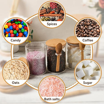 Coffee Sugar Container Salts Jars - 15oz Glass Airtight Caning with Bamboo Lids and Spoons Scoop, Storage Overnight Oats, Spice, Creamer, Food Organizer, Set of 3
