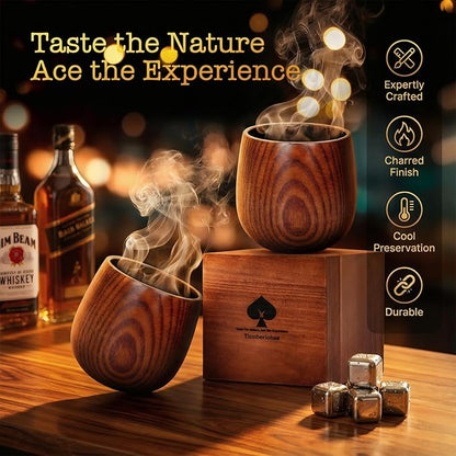 Charred Wooden Whiskey Glass Set – Durable Bourbon Glass for Men, Insulated Old Fashioned Glass – Whiskey Gifts for Husband, Dad, Brother – Birthday, Christmas, Father’s Day, Retirement
