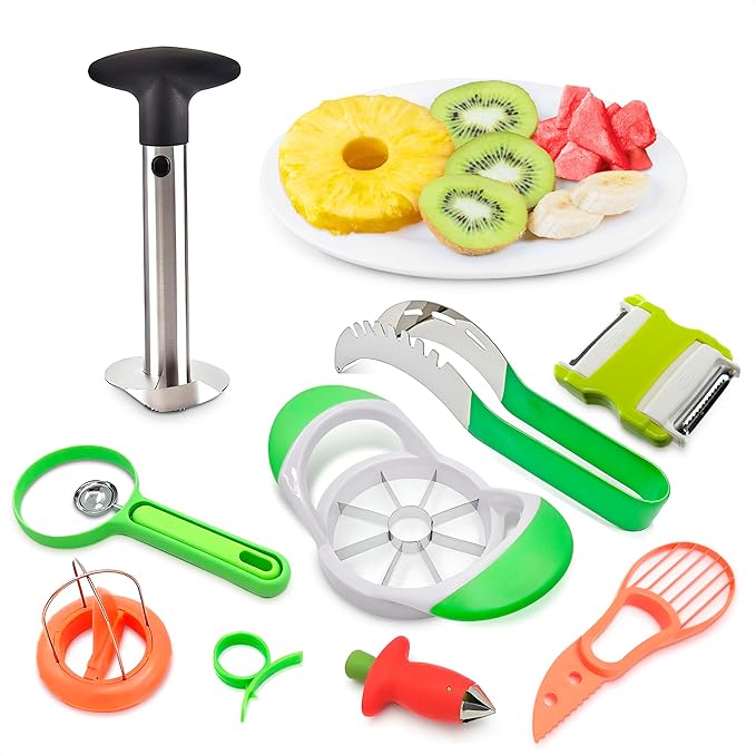 9 Pcs Fruit Slicer Set – Pineapple Corer and Slicer, Watermelon Cutter, Strawberry Huller, Apple Cutter, Avocado, Kiwi Tool and More – Stainless Steel Fruit Cutting Tools for Summer Parties and BBQs