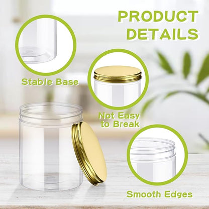 Irenare 24 Pcs 16 oz Plastic Jars with Lids Clear Plastic Containers Wide Mouth Food Mason Jars Airtight Storage Containers for Cake, Dried Fruit, Honey, Nuts, Carft, Scrub Cream(Golden Lids)