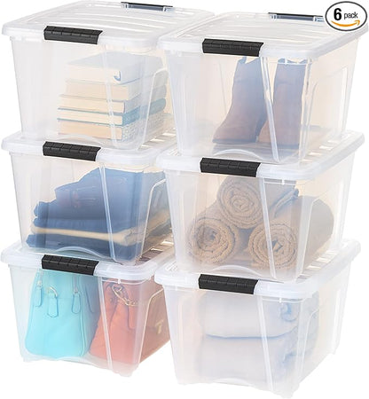 IRIS USA 32 QT Plastic Storage Box with Lid and Latches - 6 Pack - BPA-Free, See-Through Organizing Solution, Durable Nestable Stackable Containers, Secure Pull Handle - Clear