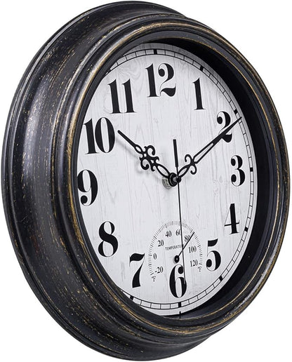 zyzamay 12 Inch Indoor Outdoor Clocks,Waterproof Wall Clock with Thermometer,Easy to Read,Non-Ticking Battery Operated Quality Quartz Clock, Decorative for Patio,Porch,Pool,Bathroom(BlackGold)