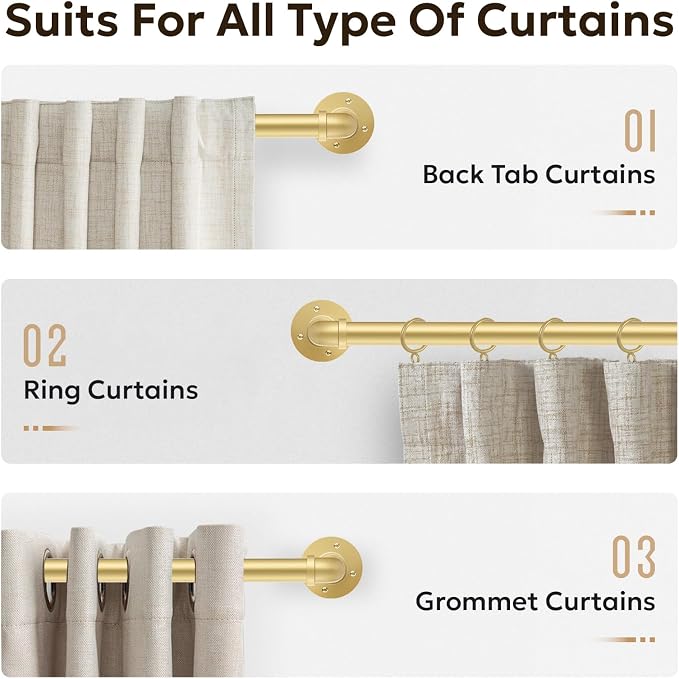 Zeerobee Curtain Rods for Windows 32 to 72, 1 Inch Industrial Wrap Around Gold Curtain Rod, Indoor/Outdoor Room Divider Adjustable Drapery Pole, 32"-72"