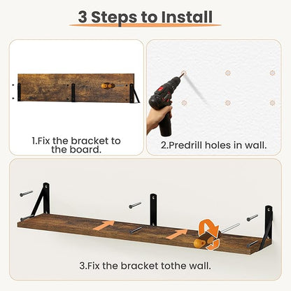 upsimples Floating Book Shelves for Wall, 35.4 Inches Long Floating Wood Shelves for Living Room, Library, Bedroom, Office Organizer and Storage, Brown