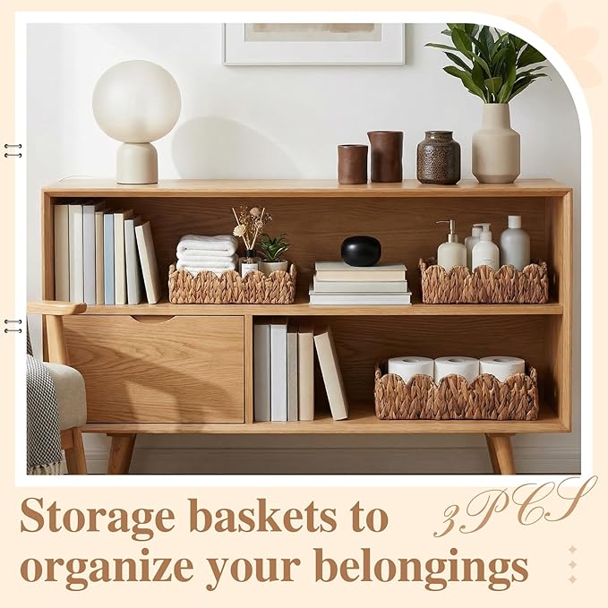 3 Pack Water Hyacinth Toilet Paper Basket for Organizing Scalloped Edge Wicker Basket with Handles Toilet Tank Paper Holder Storage for Bathroom Bedroom Countertop Shelf Decor(Brown)