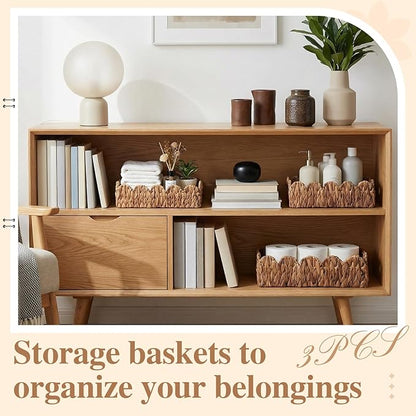3 Pack Water Hyacinth Toilet Paper Basket for Organizing Scalloped Edge Wicker Basket with Handles Toilet Tank Paper Holder Storage for Bathroom Bedroom Countertop Shelf Decor(Brown)