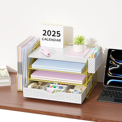 gianotter Wood Desk Organizers and Accessories with File Holder, 4-Tier Desk Accessories & Workspace Organizers with Drawer and Pen Holder, Paper Organizer for Office Supplies (Gold)