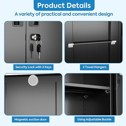 SUXXAN Broom Closet Storage Cabinet with Wheels 71.4"x 31.5"x15.7", Metal Cleaning Cabinets with Hooks and Hanging Rods, Lockable Cabinet with Pegboard, Adjustable Shelf,for Garage, Laundry Room