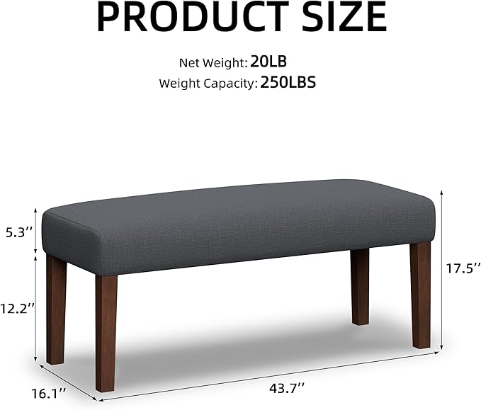 44" Bedroom Bench, Fabric End of Bed Bench, Entryway Benches, Upholstered Ottoman Bench with Wood Legs for Kitchen, Indoor, Living Room and Hallway (Gray)