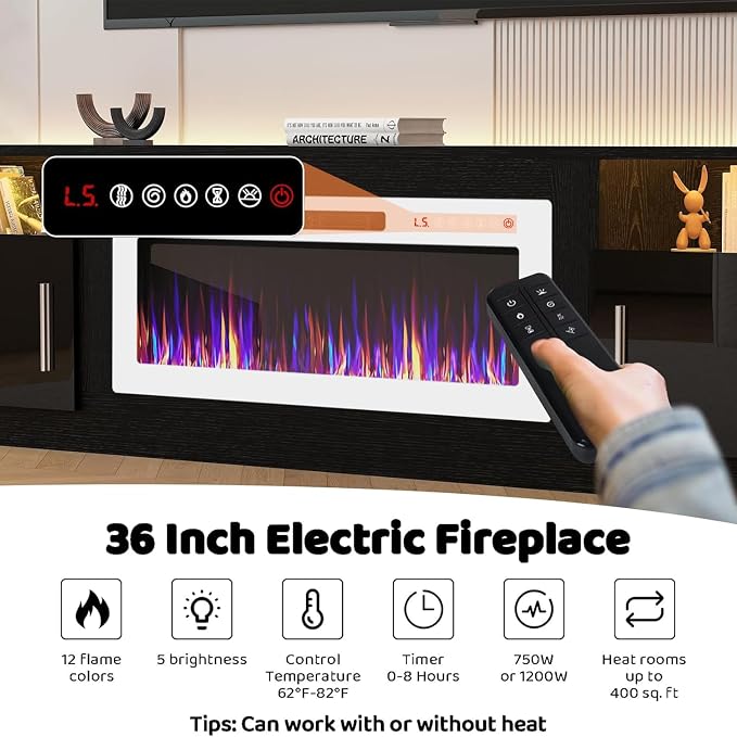 LEMBERI 80 Inch Fireplace TV Stand for TVs up to 90", 36" White Electric Fireplace Entertainment Center with 20-Color LED, 300lbs Max Capacity Modern Wood Media Console Cabinet, Black