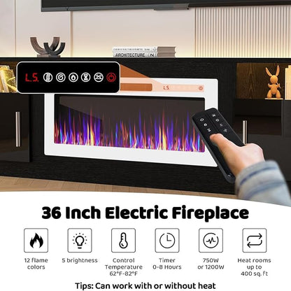 LEMBERI 80 Inch Fireplace TV Stand for TVs up to 90", 36" White Electric Fireplace Entertainment Center with 20-Color LED, 300lbs Max Capacity Modern Wood Media Console Cabinet, Black