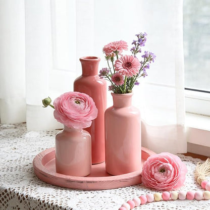 5 Pcs Rustic Country Tabletop Centerpieces Decor Set of 3 Boho Ceramic Vases with Wooden Serving Tray Wood Bead Garland Tassels Table Holder for Home Decorations (Pink)