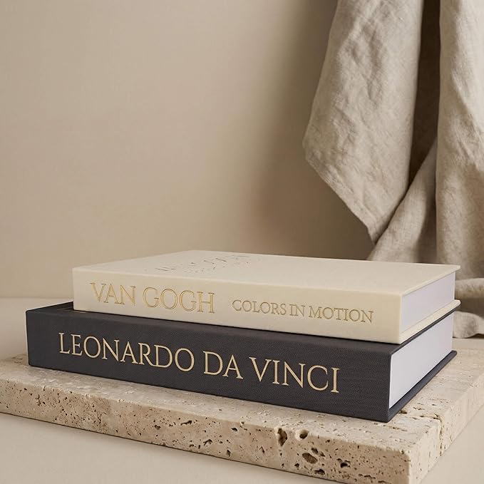 Decorative Storage Books Set of 2, Linen Cover, Gold Letters, Beige and Dark gray