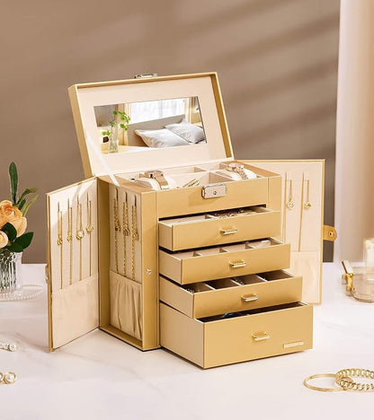 Homde Mothers Day Gifts Synthetic Leather Huge Jewelry Box Mirrored Watch Organizer Necklace Ring Earring Storage Lockable Gift Case (Gold)