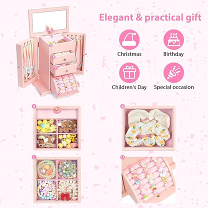 Emfogo Musical Jewelry Box for Girls, Large Kid Music Box with Ballerina for Birthday Bedroom Decor, 5 Layer Girl Jewelry Gifts for Girls Kids - Pink