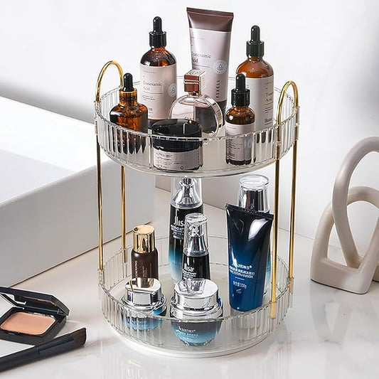 Rotating Makeup Organizer Countertop 2 Tier Lazy Susan Trays Clear Skincare Perfume Storage for Bathroom Counter Vanity, Transparent