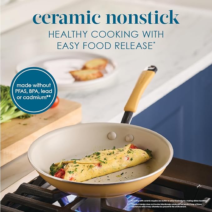 Rachael Ray Cucina Ceramic Cookware Set - 13 Pieces - Ceramic Pots and Pans Set w/Nonstick Frying Pans, Saute Pan, Saucepans, Stockpot, Lids, Pan Protectors - Turmeric