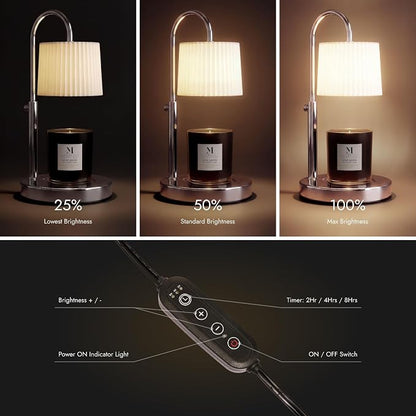 Dimmable Glass Candle Warmer Lamp with Timer - Adjustable Height Candle Lamp Warmer with Timer (8H/4H/2H) - Wax Melter - Ideal Gift, fits Various Size Scented Candles - 02 Bulb - (Silver Chrome)