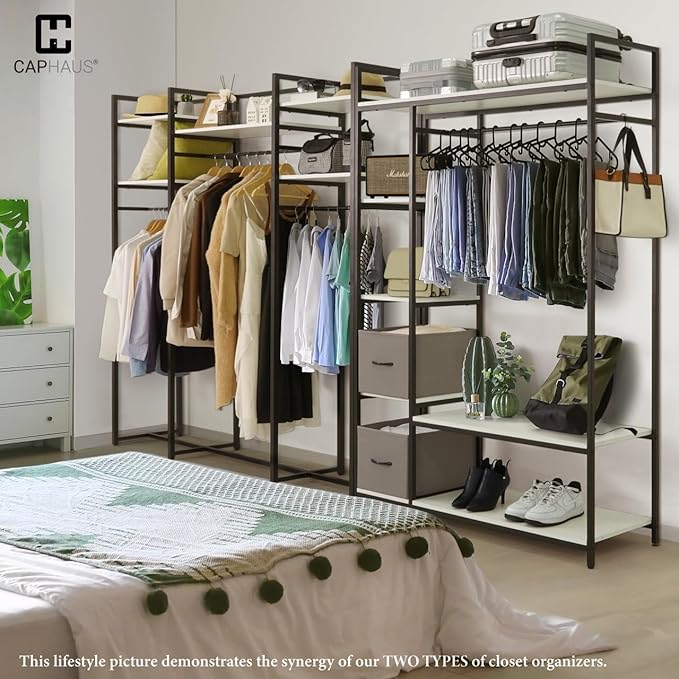 CAPHAUS 979lbs Capacity Garment Rack for Hanging Clothes, Heavy Duty Open Wardrobe w/Hanging Rods & Fabric Drawers, Free Standing Closet Organizer, Metal Closet Rack w/White Wooden Shelves