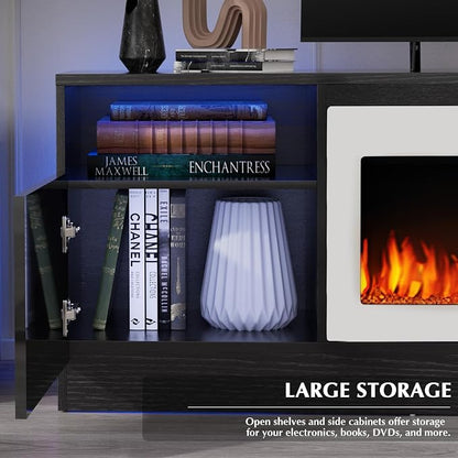 LEMBERI 70" Black TV Stand with 36" White Electric Fireplace, 750W/1500W Entertainment Center for TVs up to 80", 20-Color LED, 300lbs Max Capacity High Gloss Cabinet, Two-Tone Style