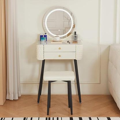 Makeup Vanity with Round Mirror,Light,Two Drawers,Cushioned Stool Set.Small Dressing Table for bedrooms and Dressing Rooms.White