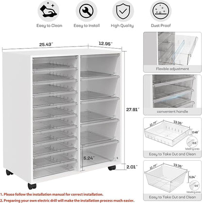 WOPITUES Mobile Storage Cabinet with 15 Clear Drawers, Craft Cabinet with 5 Large Drawers, Cart with Wooden Tabletop, Printer Stand Home Office, Dresser Chest, Modern White