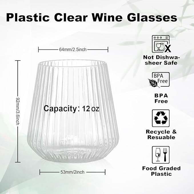 BESTSTAR 36 Pcs 12 oz Plastic Clear Ribbed Wine Glasses, Origami Ripple Disposable Champagne Glasses Elegant Whiskey Glasses Ideal for Weddings, Bars, Christmas, Halloween, Pool Party, Daily Use