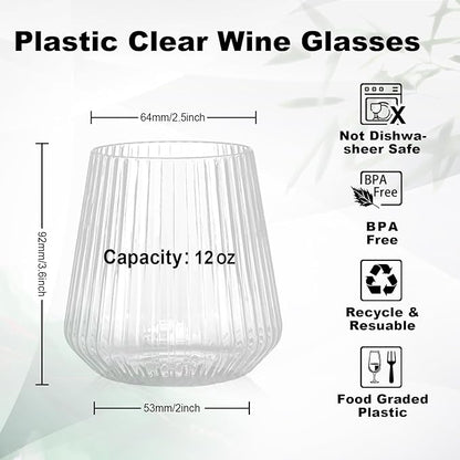 BESTSTAR 72 Pcs 12 oz Plastic Clear Ribbed Wine Glasses, Origami Ripple Disposable Champagne Glasses Elegant Whiskey Glasses Ideal for Weddings, Bars, Christmas, Halloween, Pool Party, Daily Use