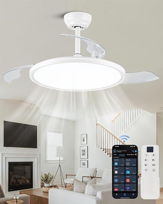 42 inch Retractable Ceiling Fan with Lights, White Low Profile Ceiling Fan with 3CCT Dimmable 6 Speeds Quiet Reversible DC Motor, Modern Fandelier for Living Room Dinning Room Kitchen
