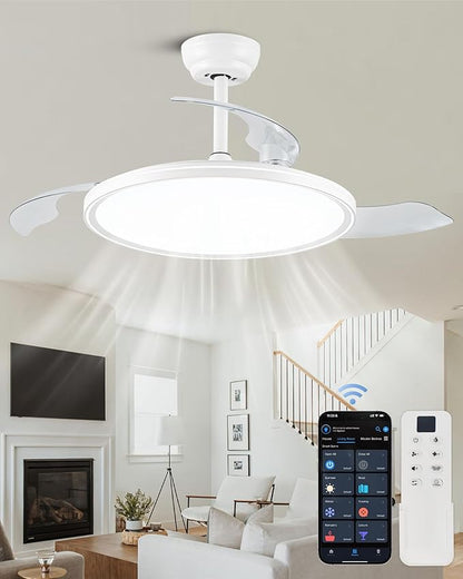 42 inch Retractable Ceiling Fan with Lights, White Low Profile Ceiling Fan with 3CCT Dimmable 6 Speeds Quiet Reversible DC Motor, Modern Fandelier for Living Room Dinning Room Kitchen