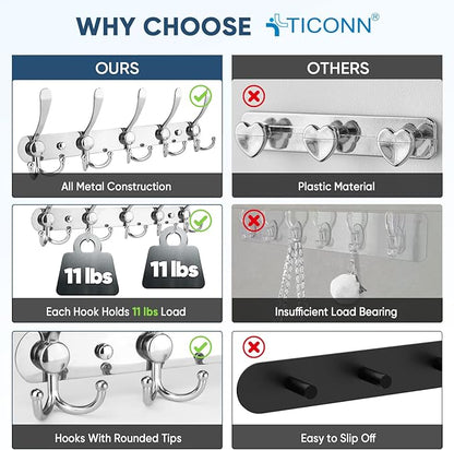 TICONN Wall Mounted Coat Rack, Five Heavy Duty Tri Hooks All Metal Construction for Jacket Coat Hat in Mudroom Entryway (Chrome, 1-Pack)