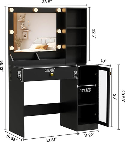 Black Makeup Vanity with Mirror and Lights, 34'' Wide Dressing Table with Charging Station & RGB Glass Cabinet, Small Vanity Desk with 3 Color Lighting Modes & Adjustable Brightness