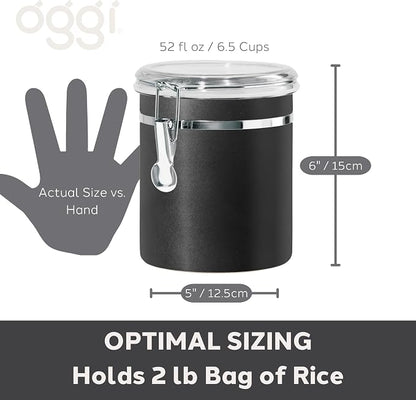 Oggi Stainless Steel Kitchen Canister 47 fl oz, Black - Airtight Clamp Lid, Clear See-Thru Top - Ideal for Kitchen Storage, Food Storage, Pantry Storage. Large Size 5" x 6".